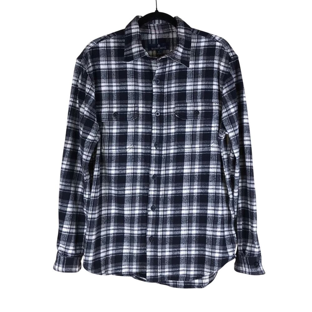 Rainforest Flannel Shirt Men’s M Black Cream Plaid Button Down 100% Cotton Fall